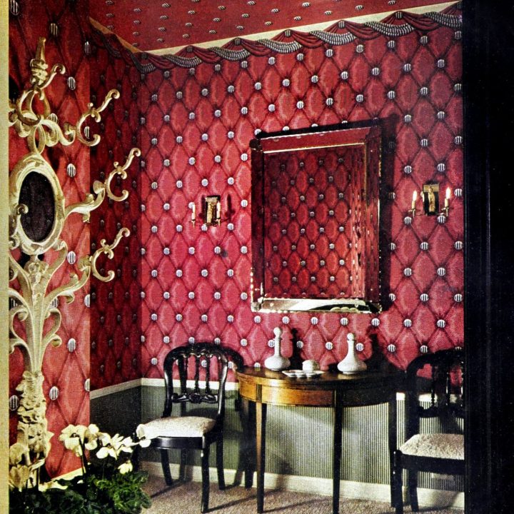 1940s Victorian-style entry hall red patterned walls
