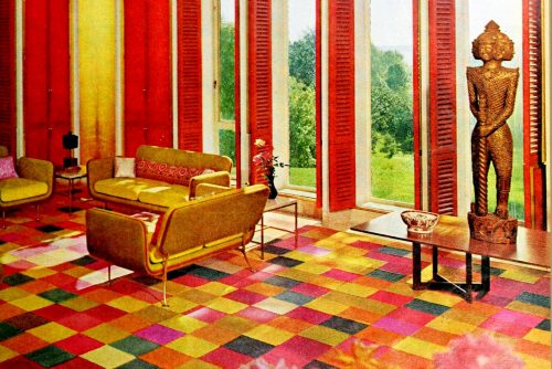 1960s living room full of color and retro style