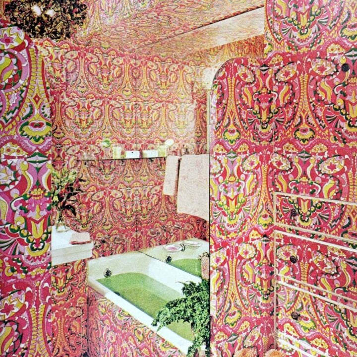 1960s psychedelic bathroom with pink patterns on every surface
