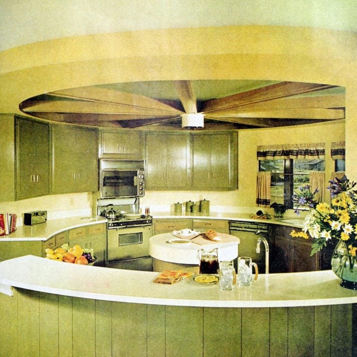 1960s retro circular kitchen with round island in the middle