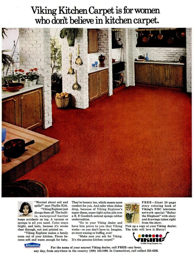 See vintage kitchen carpet from when it was popular home decor in the '60s & '70s Click Americana