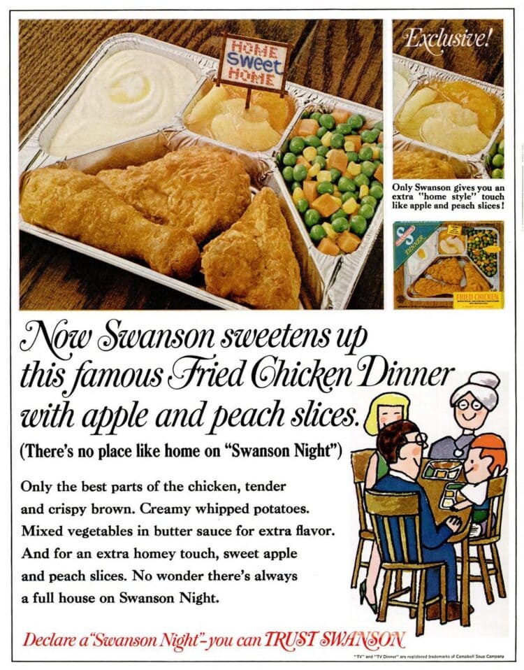 1968 Vintage TV dinner with fried chicken and apple and peach slices