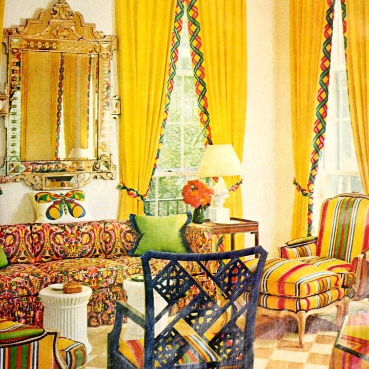 1970s bright yellow boho living room decor