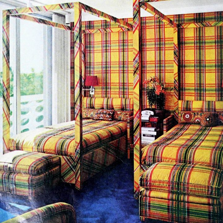 1970s plaid-covered four-poster beds