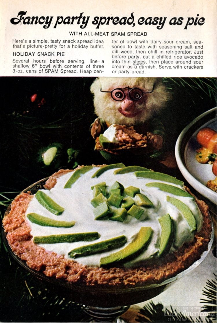 1972 Holiday snack pie made with spam spread, sour cream and avocado - Vintage Christmas appetizer