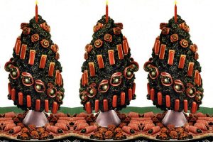 A Christmas tree with meat ornaments