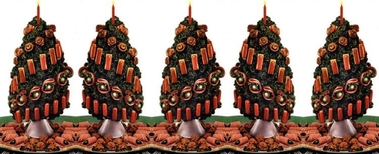 A Christmas tree with meat ornaments