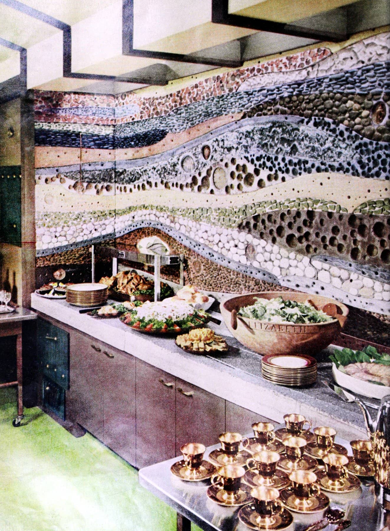 A gorgeous layered concrete mural 1950s kitchen