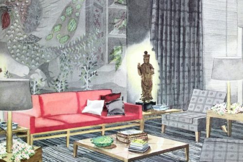 A gray 1940s living room looks lovely and lively with pops of jade and red