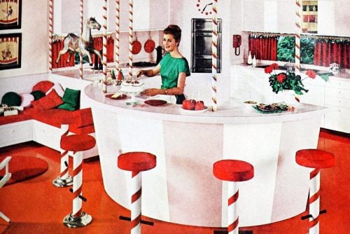 A playful candy-striped rounded kitchen from the 1960s