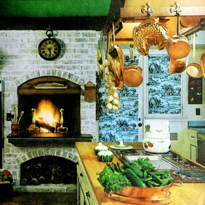 A rustic retro kitchen warmed with wood, brick and copper accents