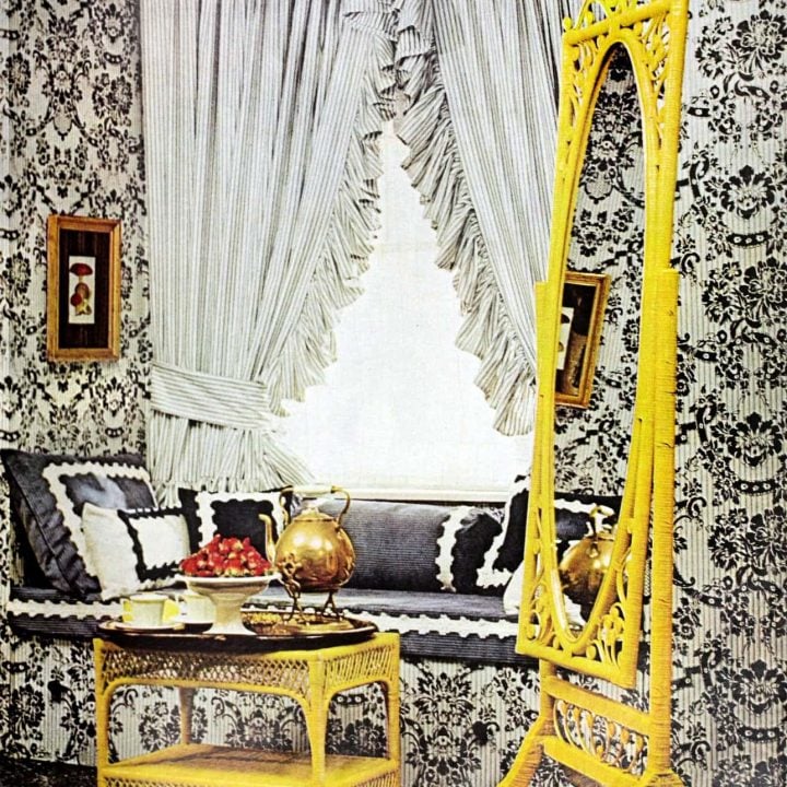 A textured black and white wallpaper for a retro guestroom