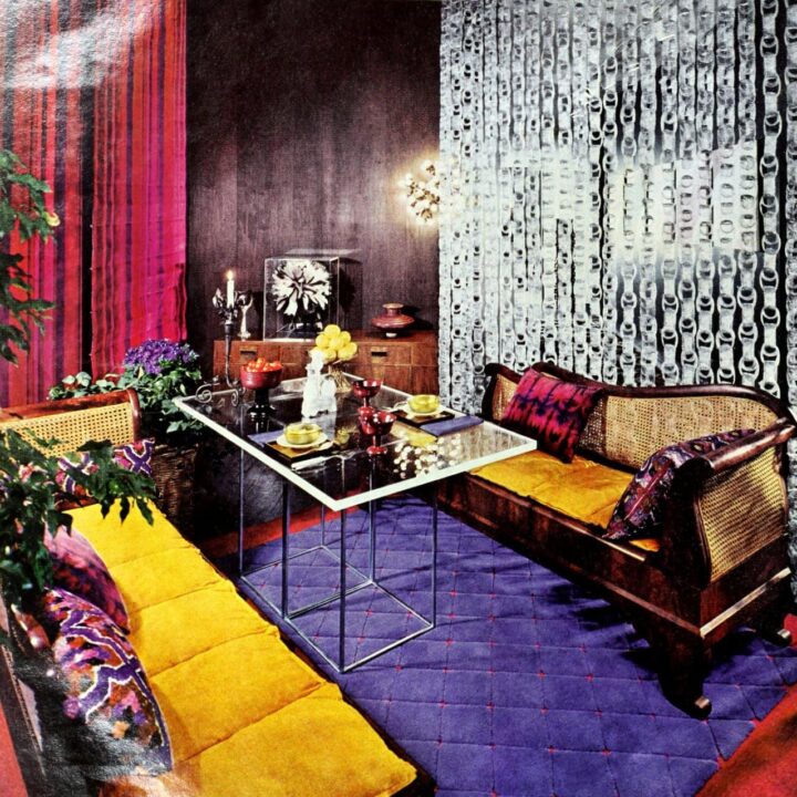 A vibrantly colored dining room from the sixties