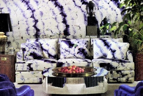 A white and blue tie-dyed sofa was spectacularly 70s living room decor