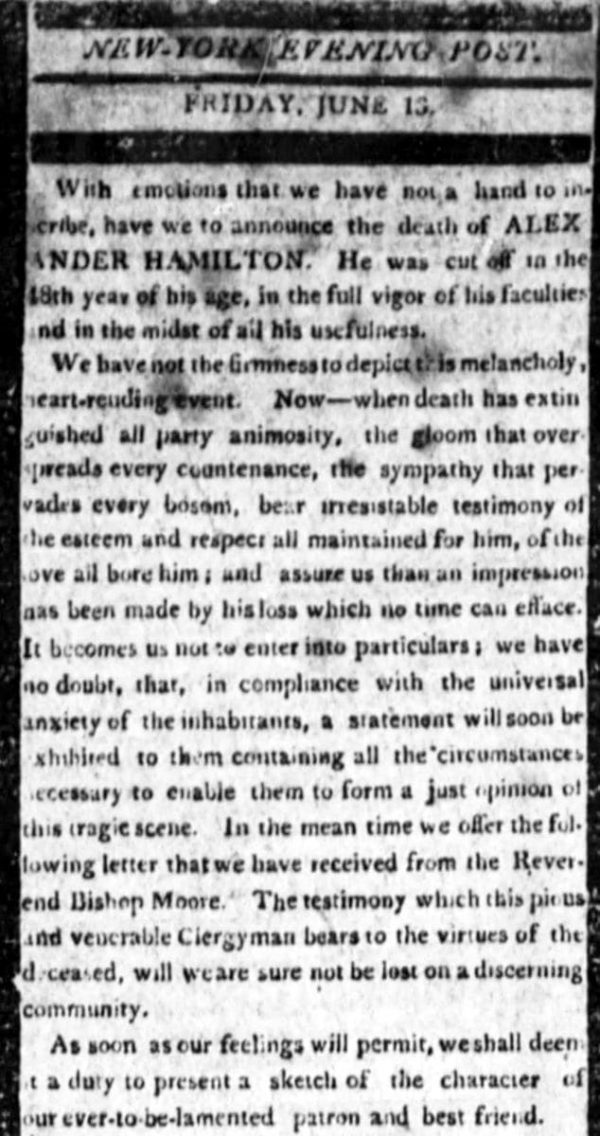 America shocked when Alexander Hamilton died after a duel (1804