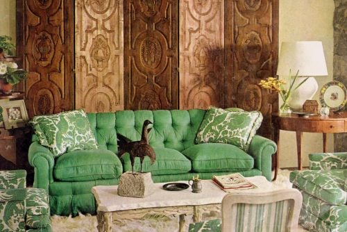An antique wooden screen gave this living room warm, mellow style (1960s)