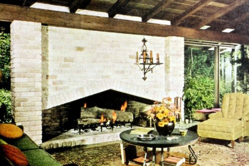 Angle on triangular fireplace home design motif (1970s)