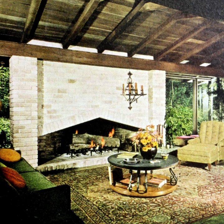 Angle on triangular fireplace home design motif (1970s)