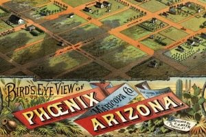 A Phoenix, Arizona birds-eye map view from of the city from 1885