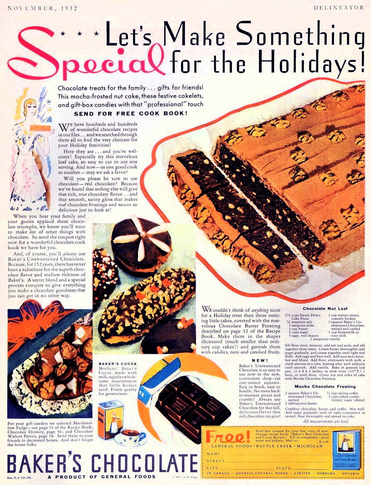 Baker's chocolate nut loaf with mocha frosting Classic dessert