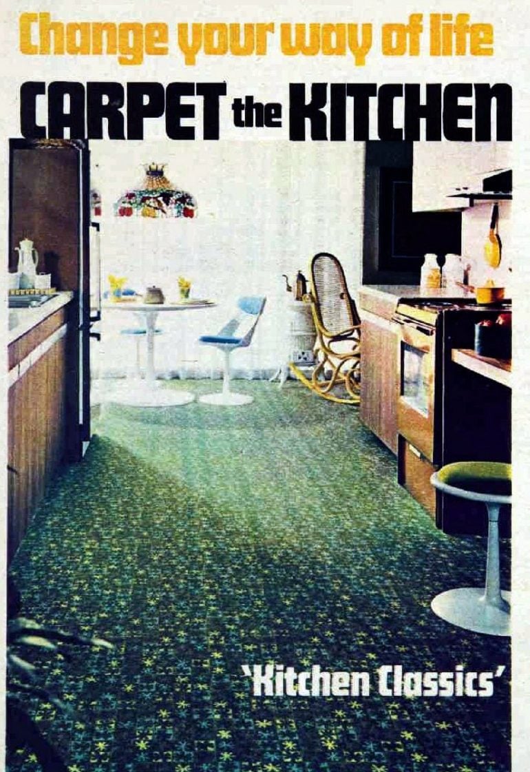See vintage kitchen carpet from when it was popular home decor in the '60s & '70s - Click Americana