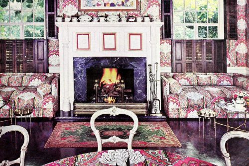 Big paisley lotus elegantly eclectic dining room decor (1960s)