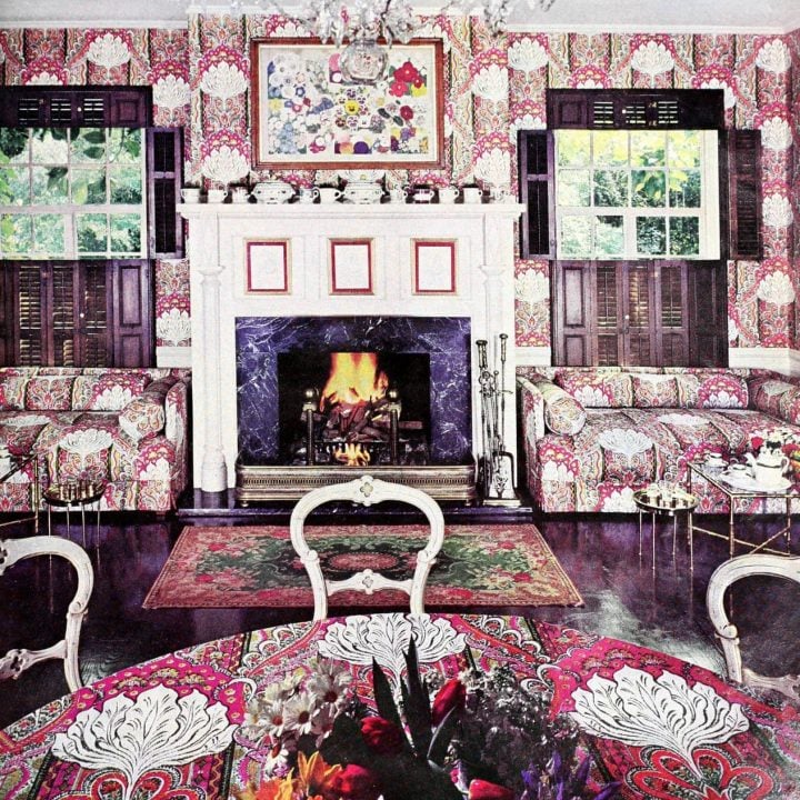 Big paisley lotus elegantly eclectic dining room decor (1960s)