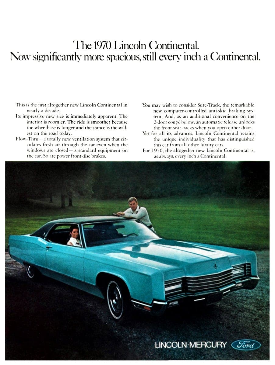 Blue 1970 Lincoln Continental vintage car ad