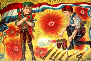 Boys with fireworks for 4th of July - Vintage postcard