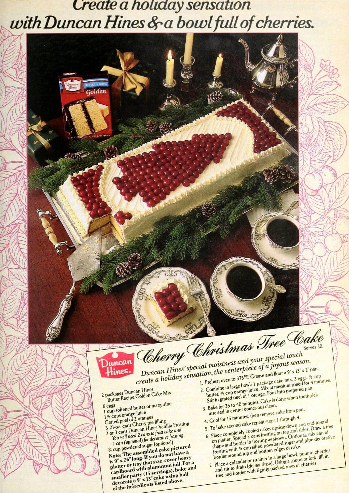 Cherry Christmas tree cake vintage dessert recipe (1986) Click Americana