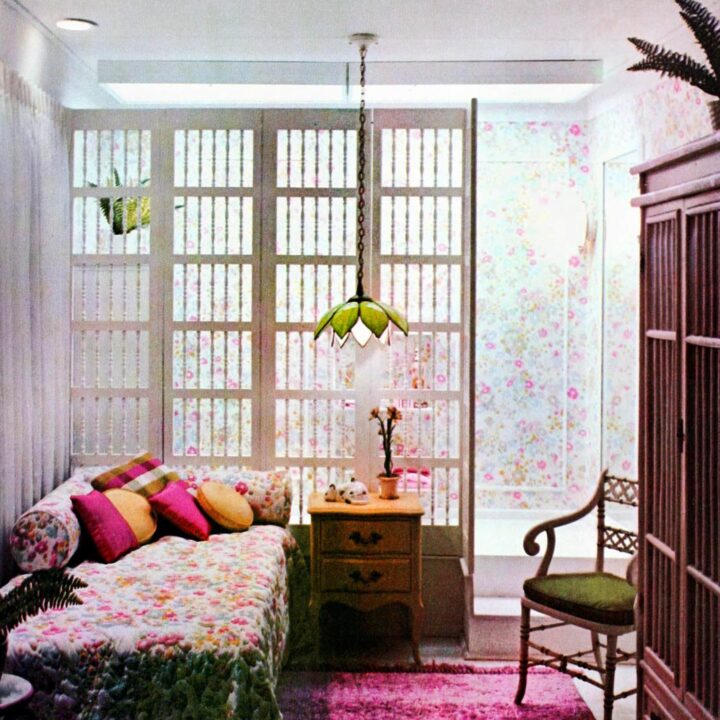 Clever built-in wall divider pastel bedroom suite
