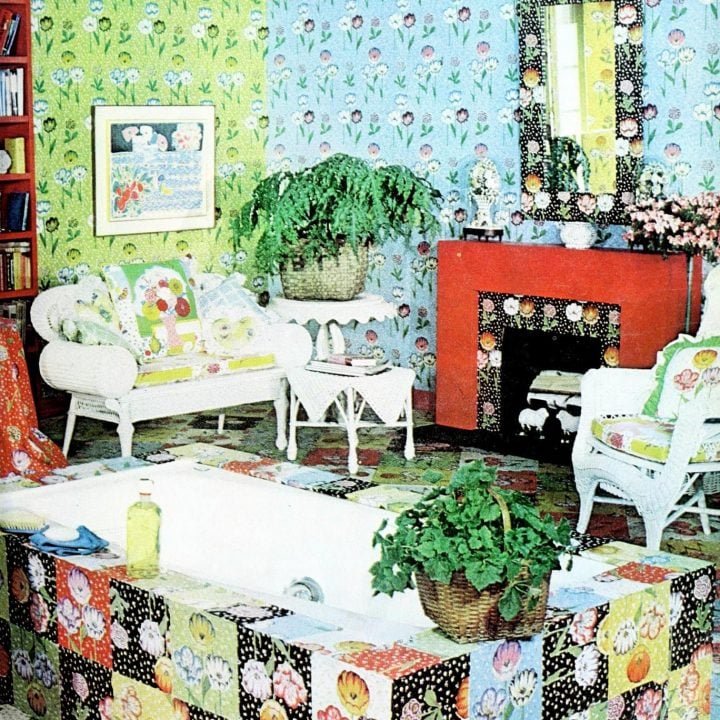 Colorful Victorian-feel floral fabrics beautifully covered this designer bathroom 1973
