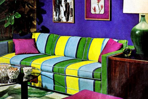 Colorful but harmonious living room in purple, raspberry and green