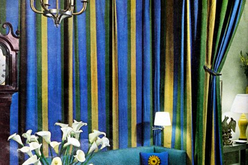Colorful curtains covered all the walls in this striped sitting room (1965)