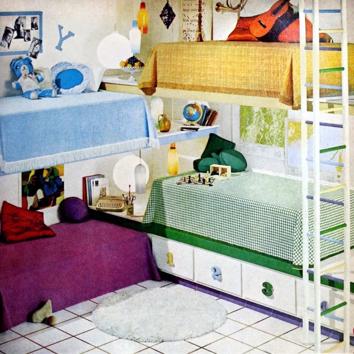 Colorful retro children's bedroom with 4 bunks