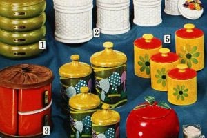 Colorful vintage kitchen canisters from the seventies