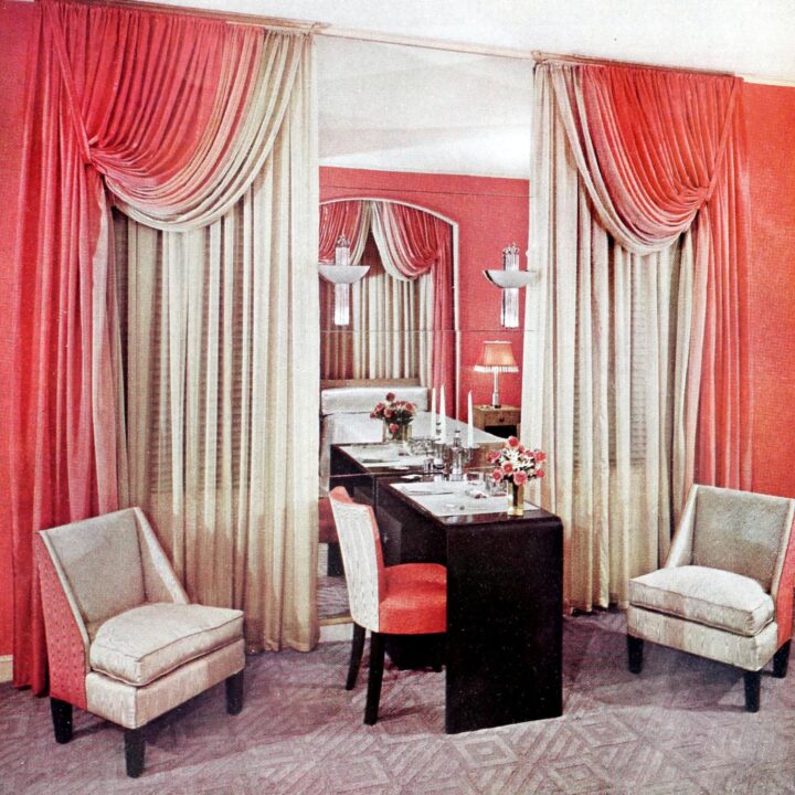 Coral and silver 1930s guest bedroom