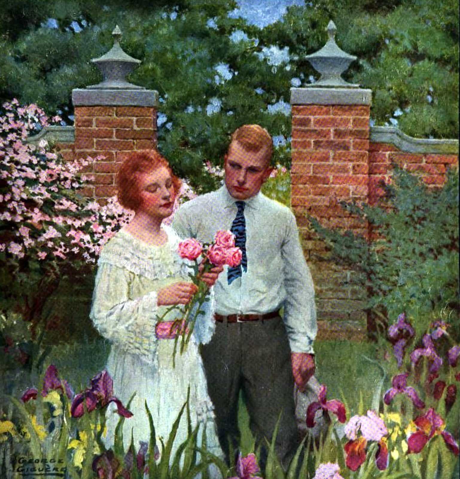 How to choose a husband: Top tips from 1920s etiquette experts 5 Couple walking in the garden with flowers 1920s - How to choose a husband
