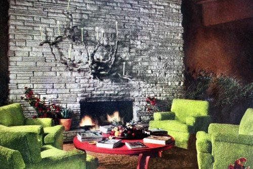Cozy vintage living room with masonry fireplace wall (1940s)