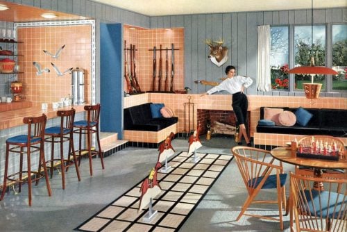 Creative 1950s kitchen and family room decor with salmon pink tile