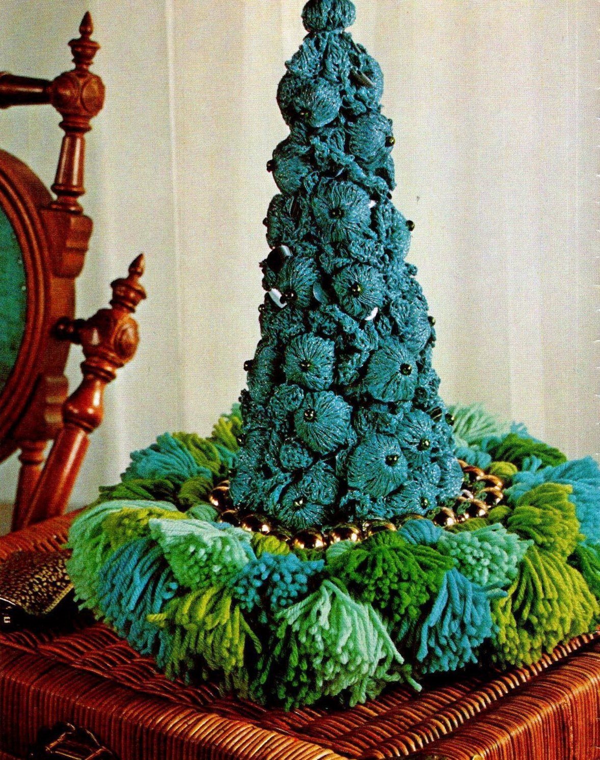 Vintage Christmas decorations with 60s and 70s style: Bright, colorful & homemade 9 Crocheted Christmas tree with pom-poms (1972) via ClickAmericana com