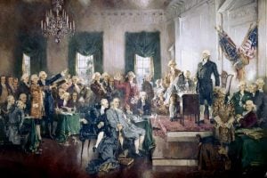 Delegates sign the US Constitution at Independence Hall in Philadelphia