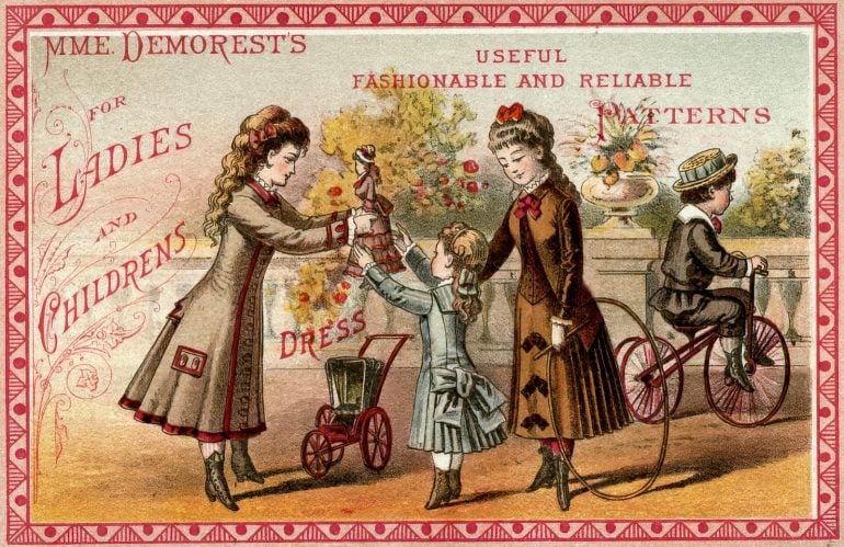 Demorest postcard for clothing patterns (1800s) via ClickAmericana com
