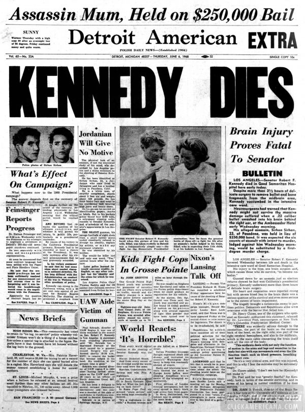 News headlines from when Senator Bobby Kennedy was assassinated (1968