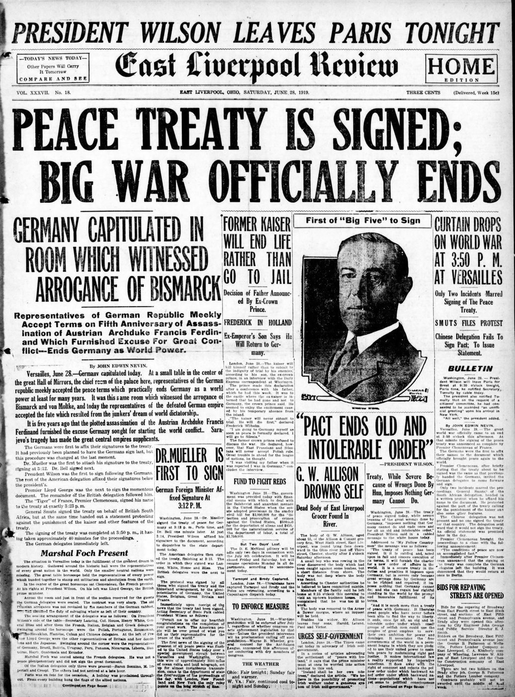 The end of WW1 Newspaper headlines from when peace was declared in