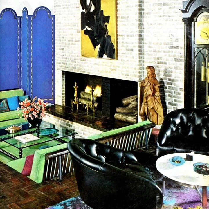 Fab funky colors metro retro carpeted conversation pit living room fireplace