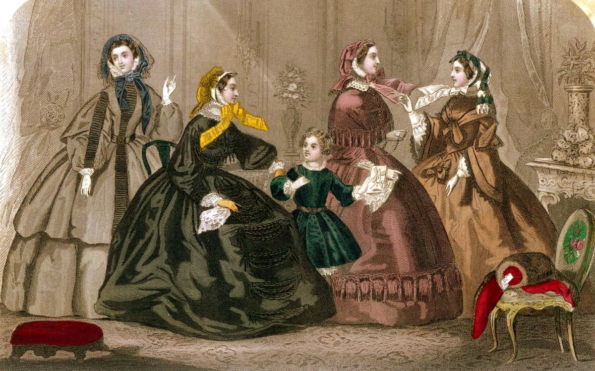 Elegant Victorian dresses from 1859, from antique fashion magazines - with authentic color schemes 13 Fashion history: Walking, carriage & dinner dress styles from October 1859