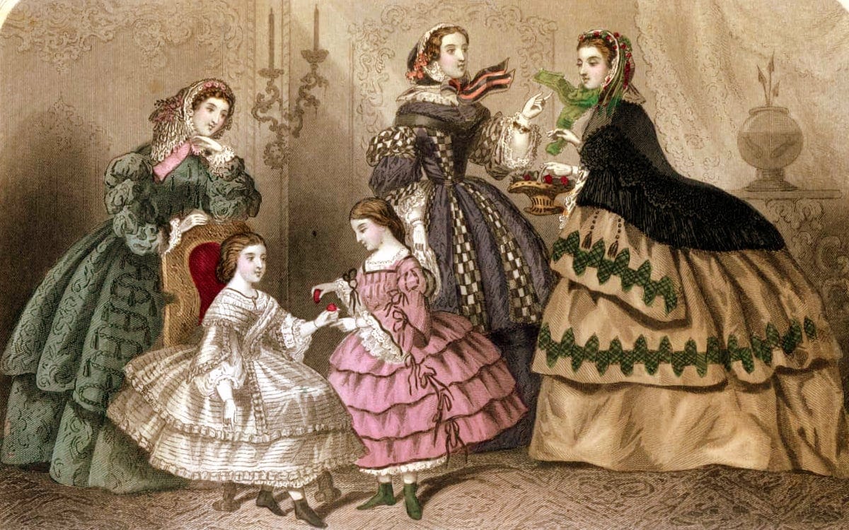 Elegant Victorian dresses from 1859, from antique fashion magazines - with authentic color schemes 6 Vintage walking dresses from March 1859, in color