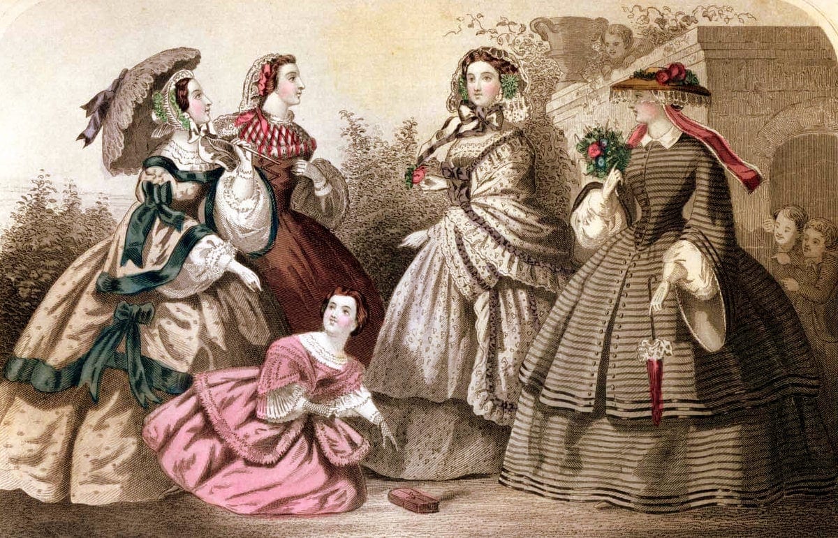 Elegant Victorian dresses from 1859, from antique fashion magazines - with authentic color schemes 7 Fashion history: Carriage dress styles from April 1859