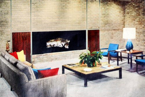 Flat brick fireplace wall dominated large midcentury modern living room